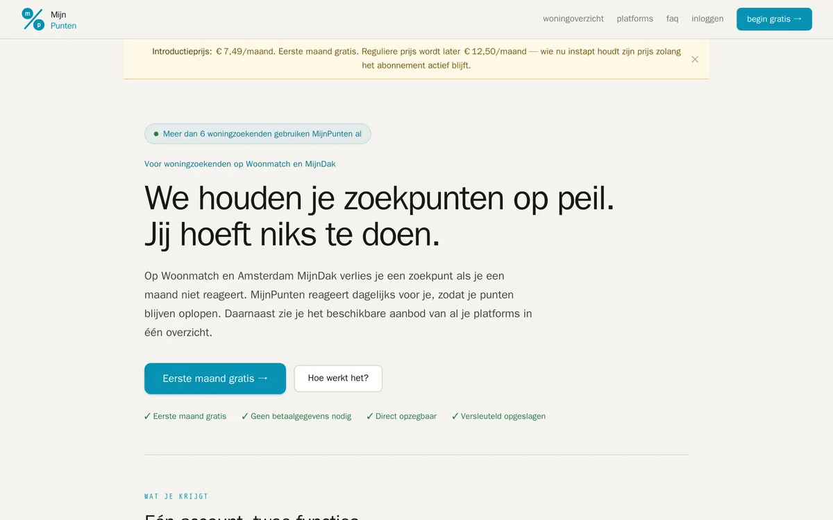 Schermafbeelding van mijnpunten.nl: SaaS-webapplicatie met abonnementen en dashboards, door ons gebouwd